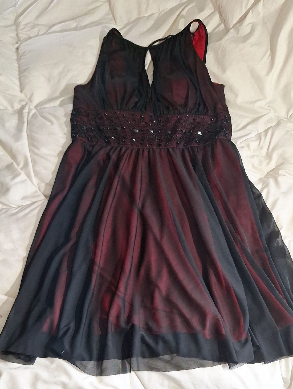 Black and Deep Red Chiffon Beaded Waist Party Dress